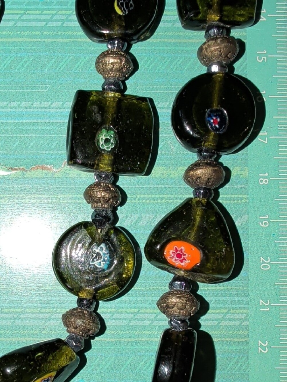 1950's Dual Strand Murano Venetian Olive Green Glass Millefiori Bead Necklace - Picture 8 of 16